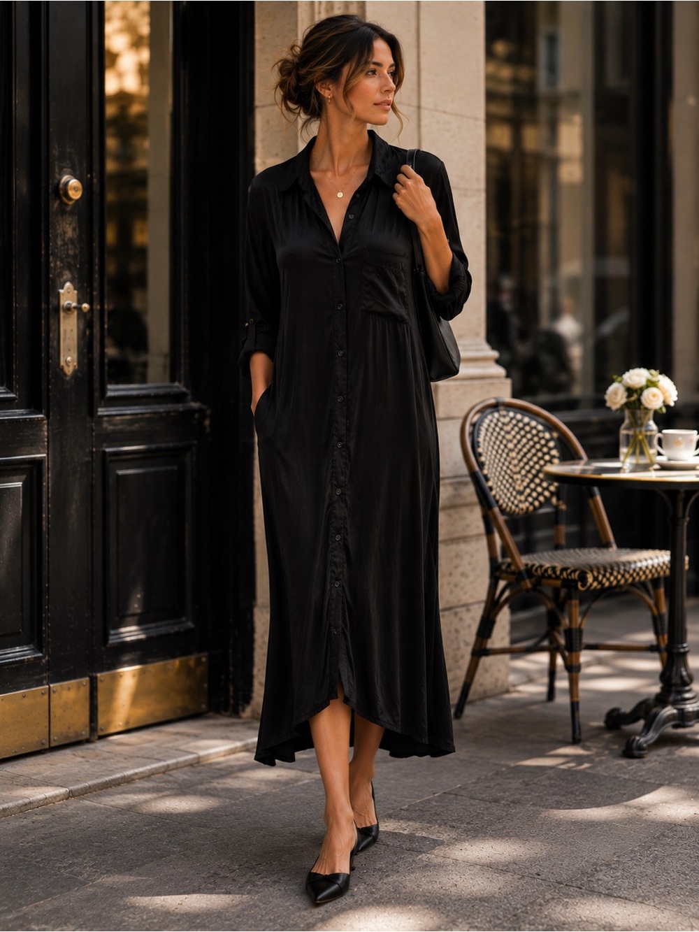 YFB Young Fabulous & Broke Black Satin Shirt Maxi Dress S